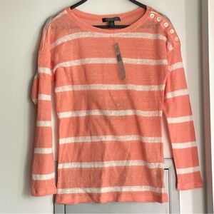 NWT LAUREN RALPH LAUREN Orange & White Striped 100% Linen Sweater